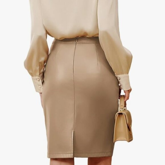 Faux Leather High Waist Knee-Length Bodycon Pencil Midi Skirt - Picture 2 of 6